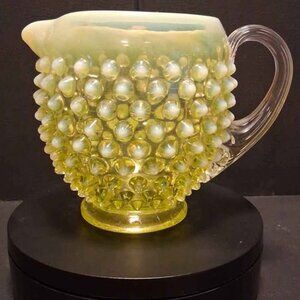 Fenton Yellow Uranium Topaz Opalescent Hobnail Squat Pitcher